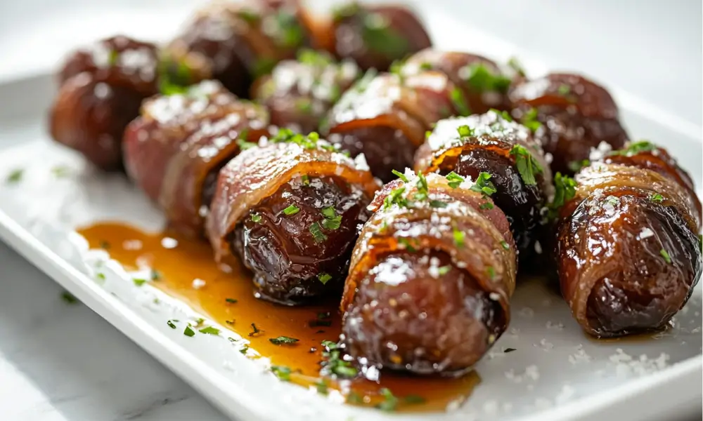 3 1 Beef Bacon Wrapped Dates with Hot Honey & Sea Salt