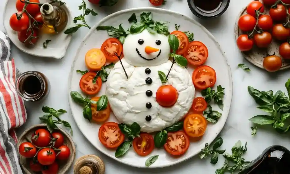 Burrata Snowman Caprese Salad 1 Top 10 Cheese Appetizers for Christmas Gatherings