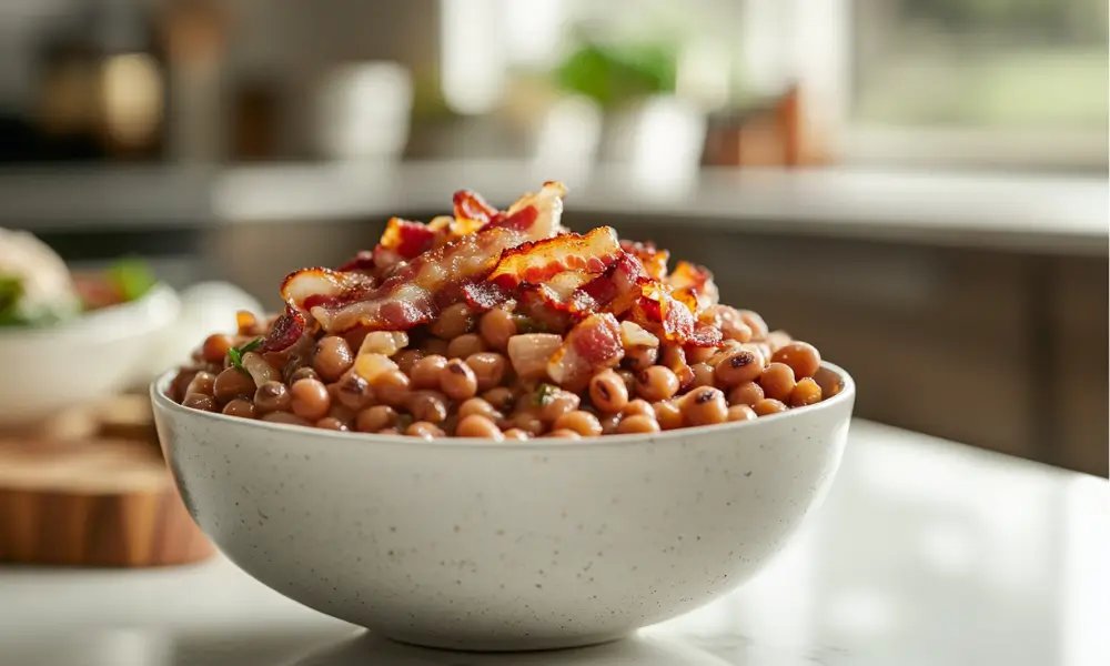 Maple Beef Bacon Bourbon Black Eyed Peas 1 Maple Beef Bacon & Bourbon Black Eyed Peas