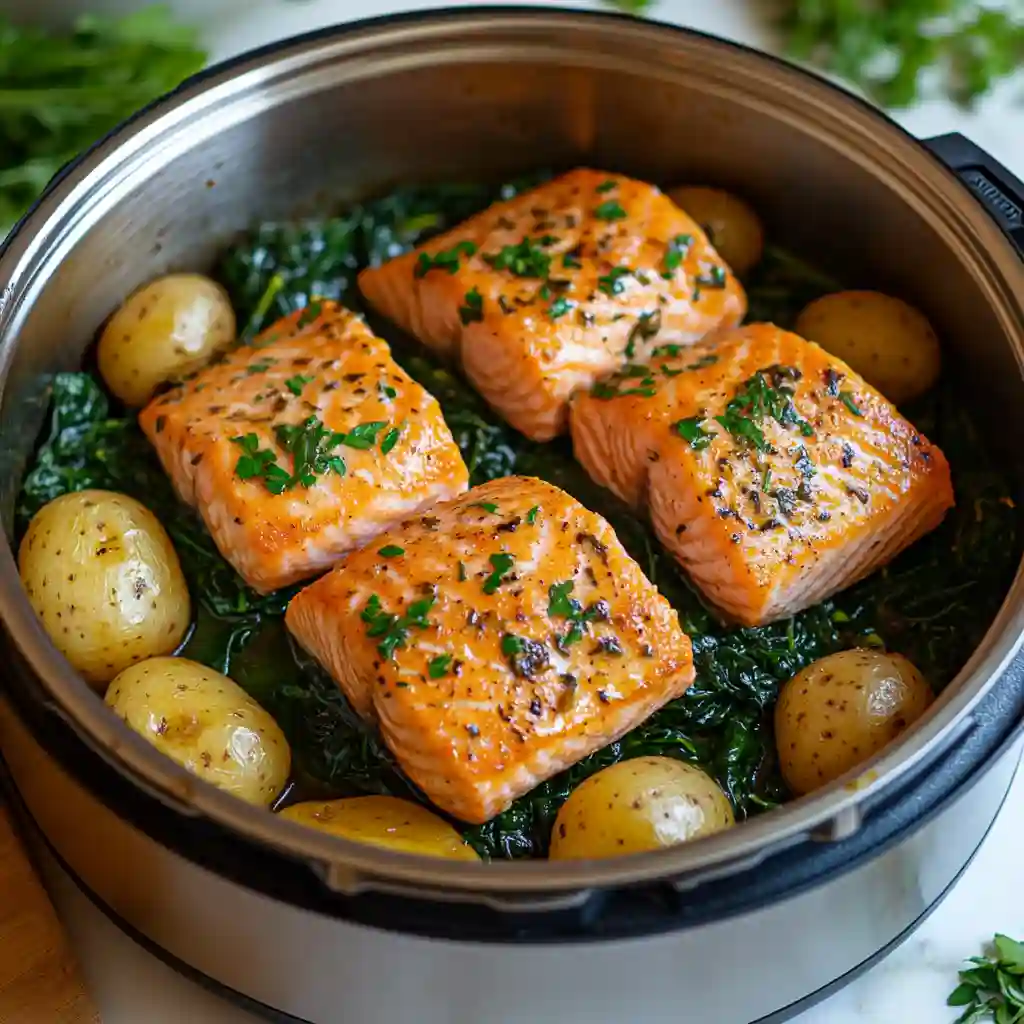 Instant Pot Salmon with Garlic Potatoes and Greens Instant Pot Salmon with Garlic Potatoes and Greens