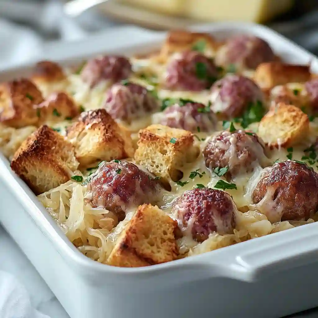 Reuben Style Casserole with Pastrami Meatballs 2 Reuben Style Casserole with Pastrami Meatballs