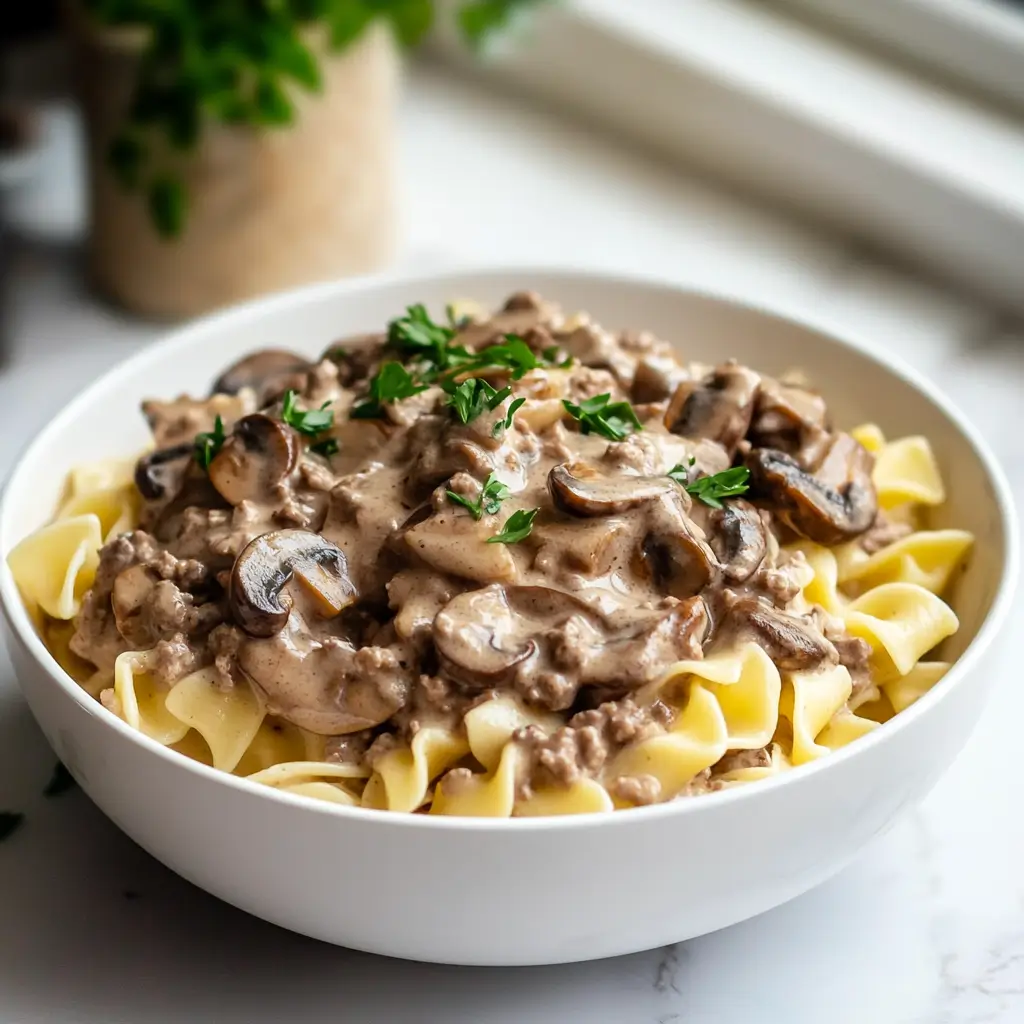 serving Ground Beef Stroganoff with Caramelized Mushrooms Ground Beef Stroganoff with Caramelized Mushrooms